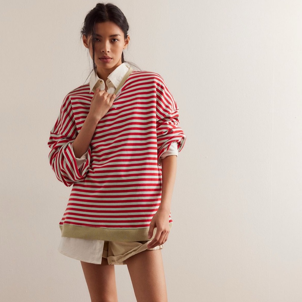 We The Free red and mint striped crewneck oversized sweatshirt ~ like new ~ XS